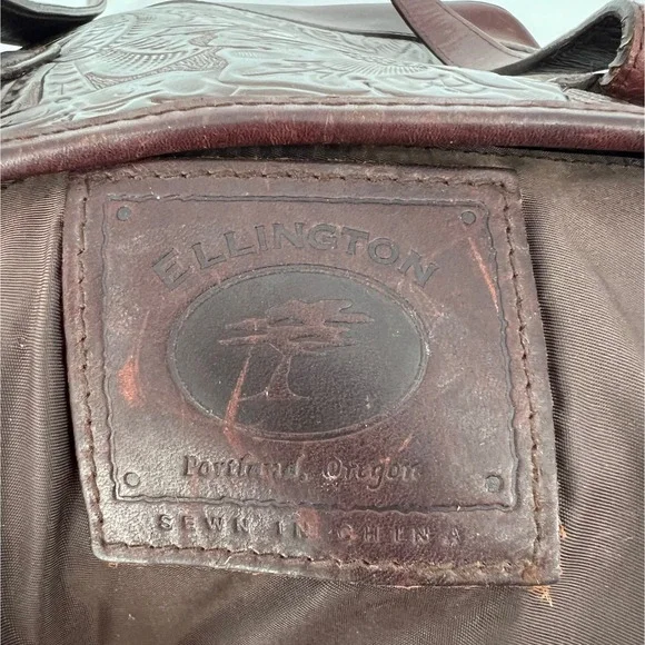 Ellington Tooled Leather Shoulder Bag Brown Floral Double Strap Western Cowgirl - Picture 6 of 8